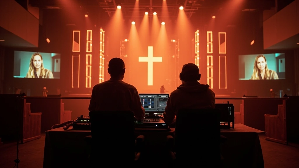 A worship production booth with two volunteers running lighting and video during a service